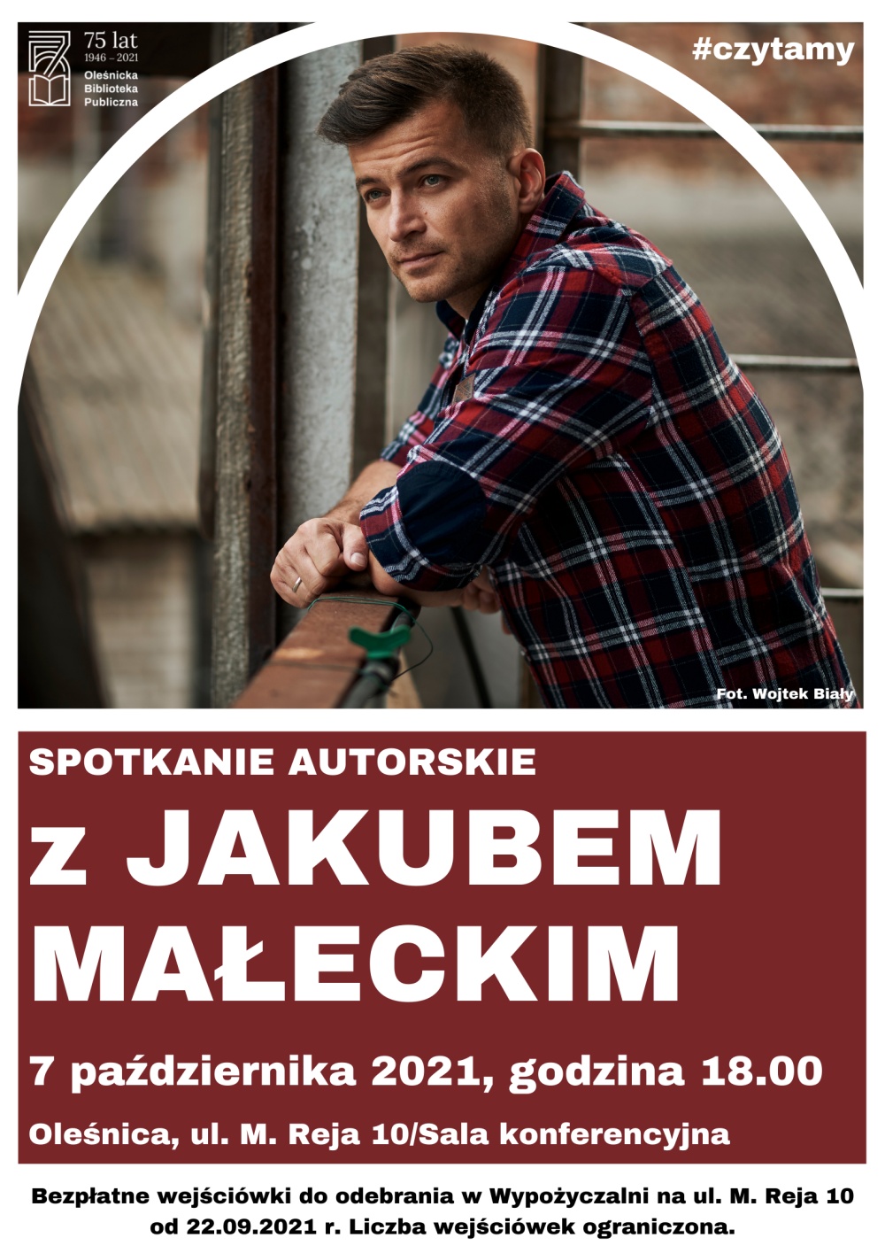Plakat promujacy spotkanie autorskie z Jakubem Małeckim